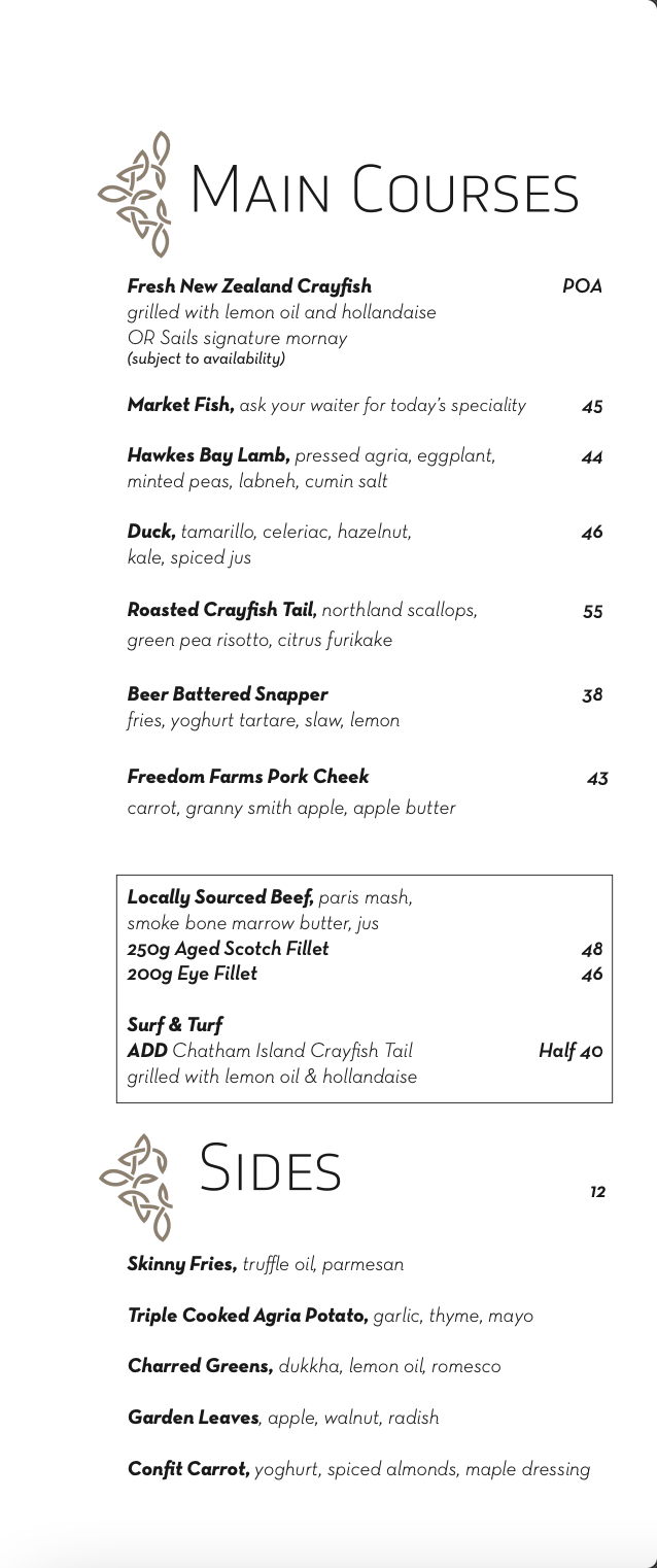 Menu Sails Restaurant